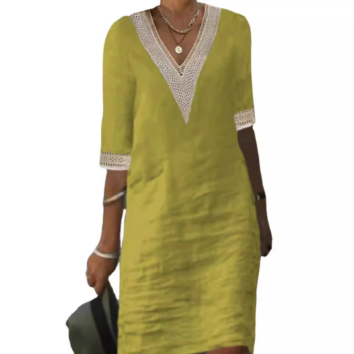 Ladies Linen Look Midi Dress with Crocheted V-Neck and 3/4 Sleeves Mune Fashion