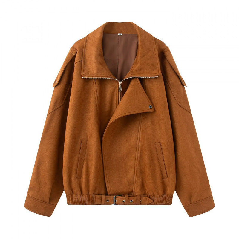 Women Oversize Bomber Jacket with Wide Lapel Collar, Waist Belt and Shoulder Epaulettes Mune Fashion