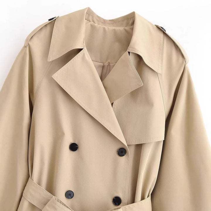 Women 30+ short tailored cropped trench coat with double-breasted button placket and tie belt Mune Fashion