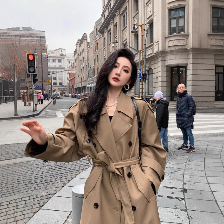 Women's Modern Boxy Trench Coat with Distinctive Shoulder Feature and Waist Belt Mune Fashion