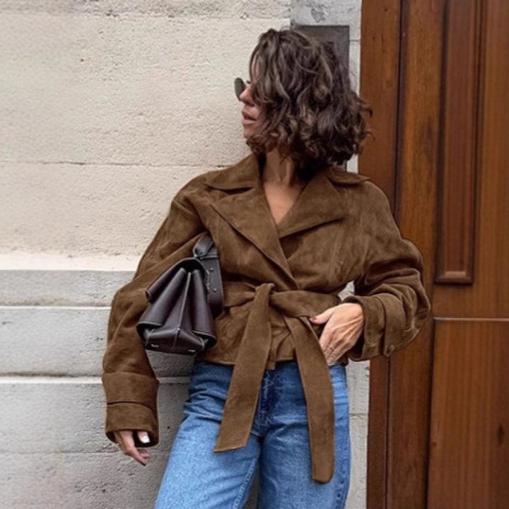 Women's Tailored Suede-Look Short Jacket with Wrap Belt and Long Cuffs Mune Fashion