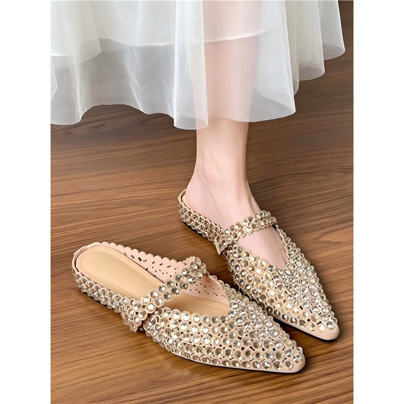 Women pointed toe Mule with sparkling crystal applications and strap Mune Fashion
