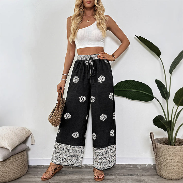 Women's Boho Print Palazzo Pants with Wide Leg, Elastic Drawstring Waistband and Side Pockets Mune Fashion
