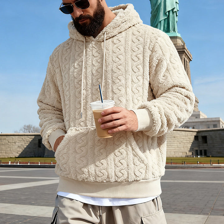 Men's Lined Sherpa Hoodie with Cable Knit Pattern and Hood Mune Fashion