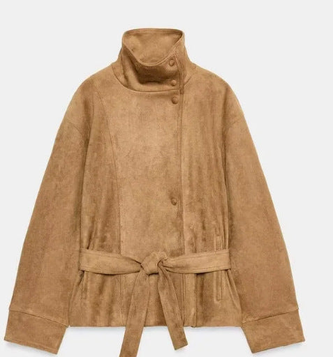 Women Short Blouson made of Artificial Leather with Double-Breasted Button Placket and Shoulder Cape Mune Fashion