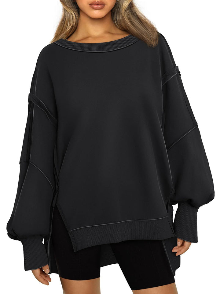 Ladies Soft Longline Sweatshirt with Balloon Sleeves, Side Slits and Ribbed Hem Mune Fashion