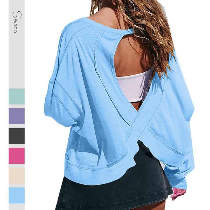 Women's cropped sweatshirt with crossover cut-out back and raw hem edges Mune Fashion