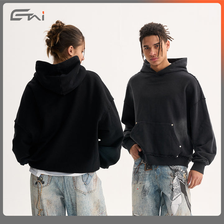 Men's Boxy Hoodie with Frayed Hem, Studded Kangaroo Pocket and Worn Spot Effect Mune Fashion