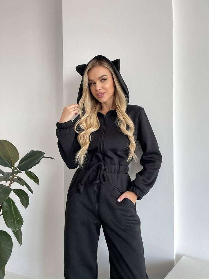 Women Cozy Hooded Overall with Cat Ears and Waist Drawstring Mune Fashion