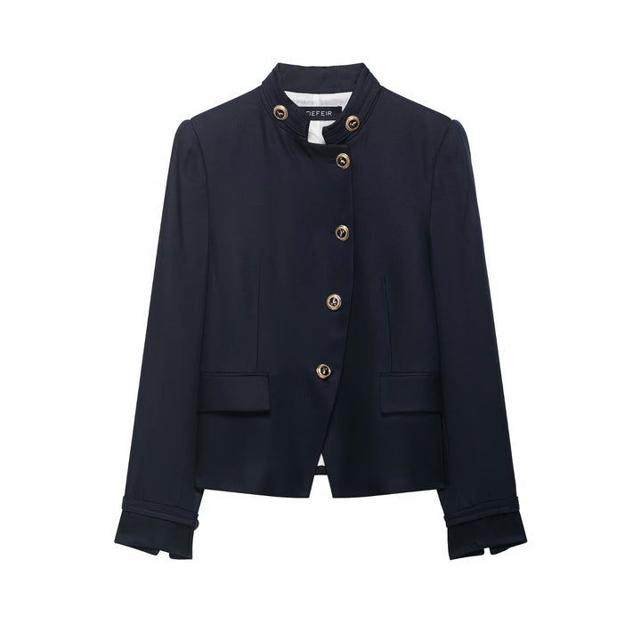 Women's Collarless Short Blazer with Stand Collar and Golden Decorative Buttons Mune Fashion