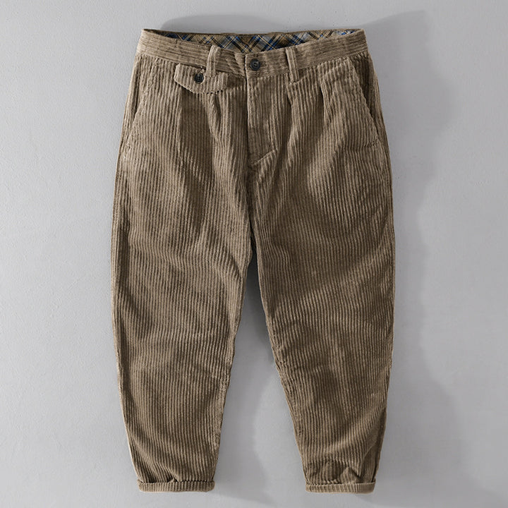 Men's corduroy pants with a tapered cut, high waistband, checked inner band, and rolled hem Mune Fashion