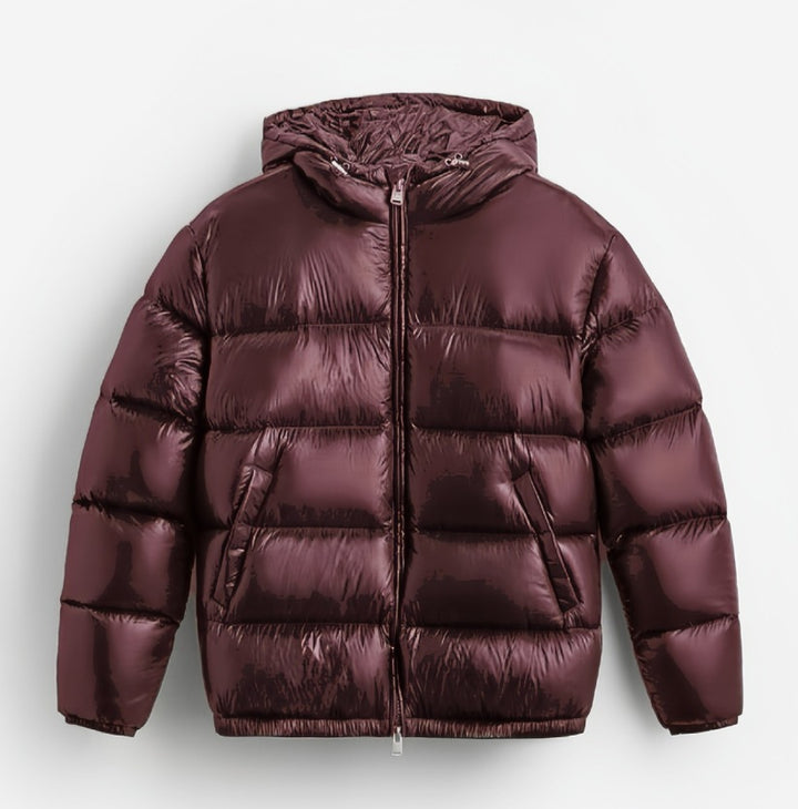 Women's Quilted Padded Hooded Jacket with High-Gloss Surface, Two-Way Zipper and Kangaroo Pockets Mune Fashion