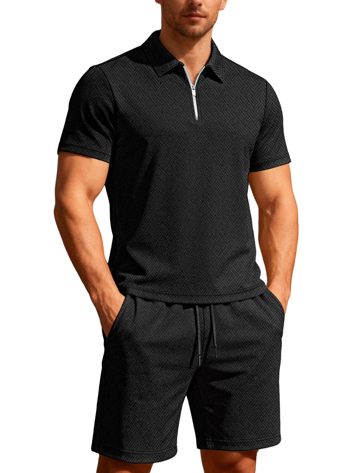 Men's comfortable lounge two-piece set made of structured cotton blend with half-zip polo shirt and drawstring shorts Mune Fashion