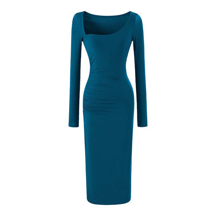 Women's Figure-hugging Midi Dress with Deep Round Neckline, Long Sleeves, and Side Gatherings