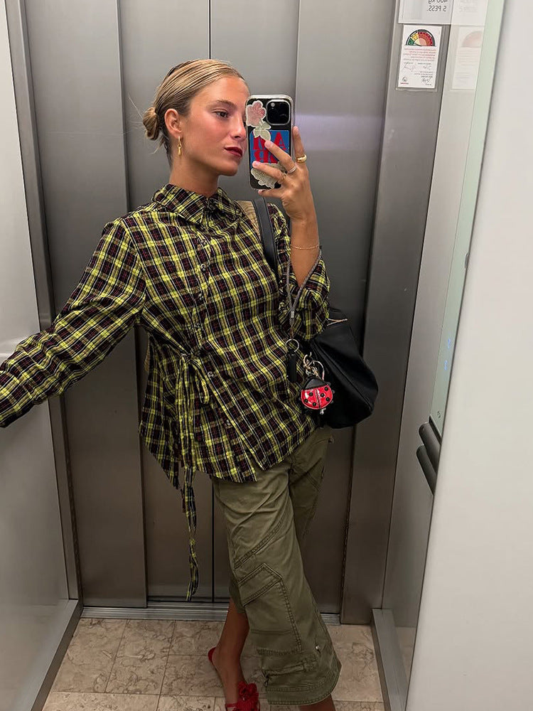 Ladies Checked Shirt Blouse with Drawstring Waist and Loose Fit Mune Fashion