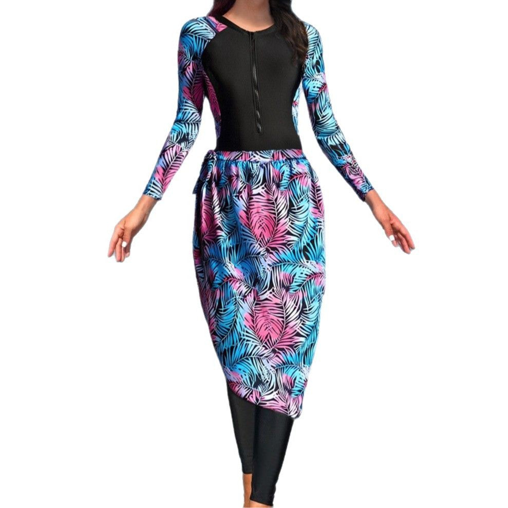 Women's Stylish UV Protection Swimsuit with Long Sleeves and Elegant Skirt Mune Fashion