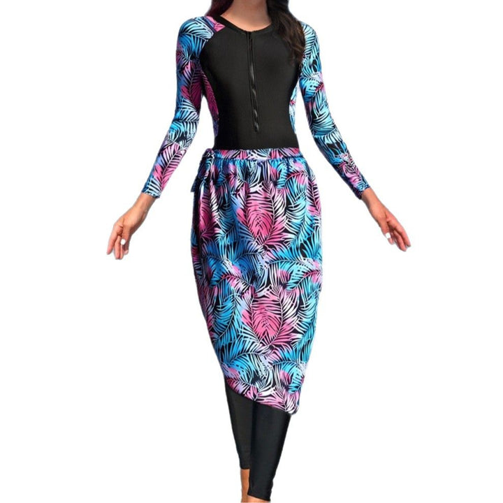 Women's Stylish UV Protection Swimsuit with Long Sleeves and Elegant Skirt Mune Fashion