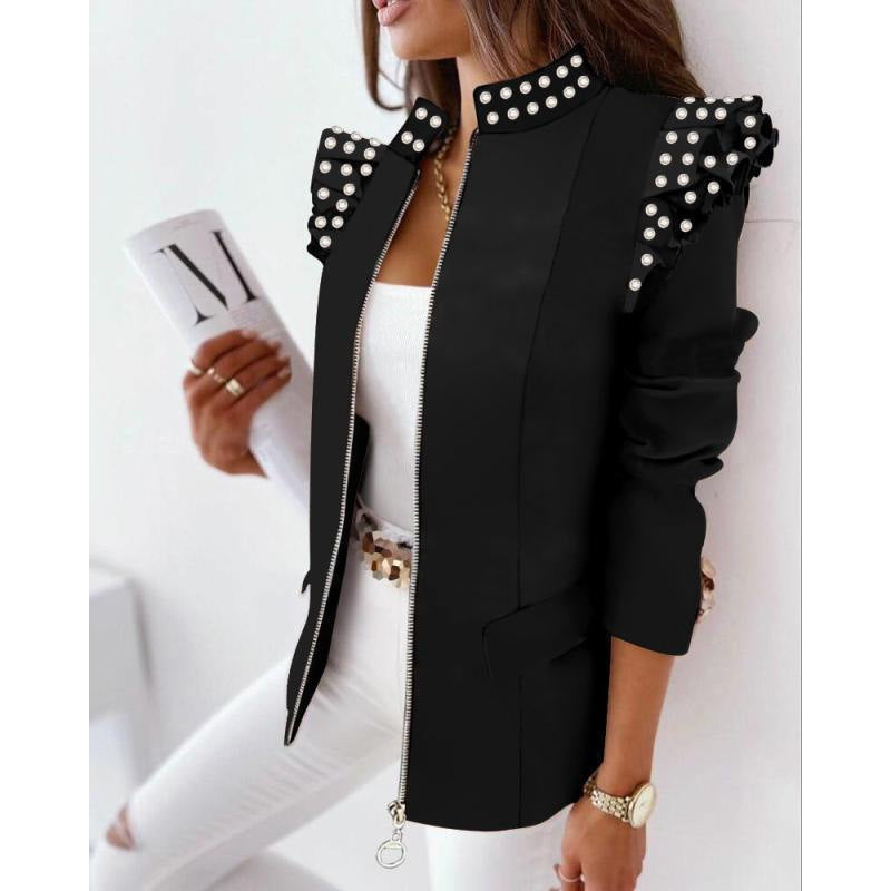 Women's leopard print statement jacket with ruffle shoulder and zipper Mune Fashion