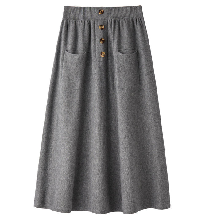 Women's midi skirt made of wool blend with A-line, elastic ribbed waistband, decorative button placket, and patch pockets Mune Fashion