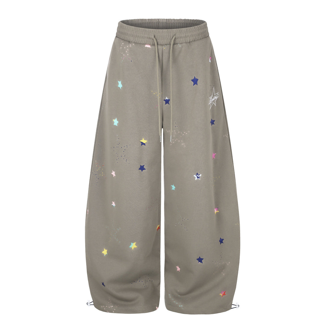 Women's extra wide palazzo capri sweatpants with star print, comfort waistband, and adjustable hem.