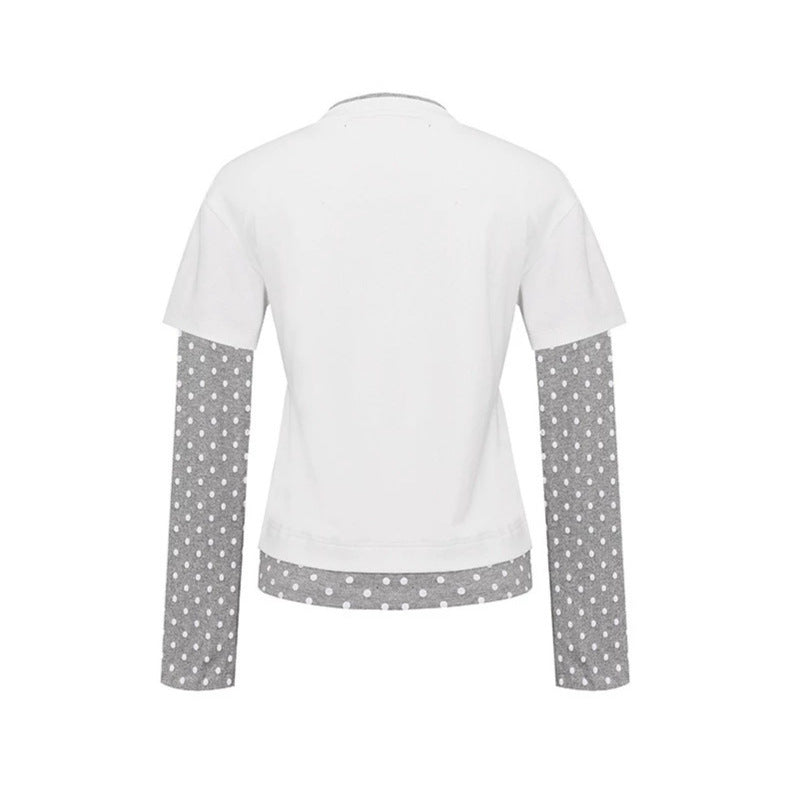 Women's Layered Long Sleeve Shirt with Polka Dot Inner Layer and Calligraphic Statement Print Mune Fashion