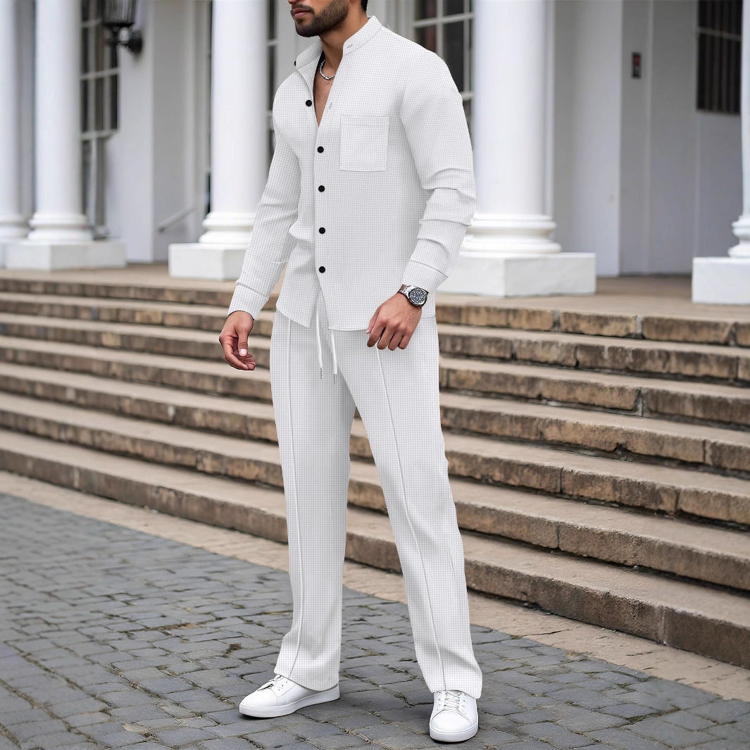Men's Casual Shirt-Pant Lounge Set Made of Textured Cotton Blend Mune Fashion