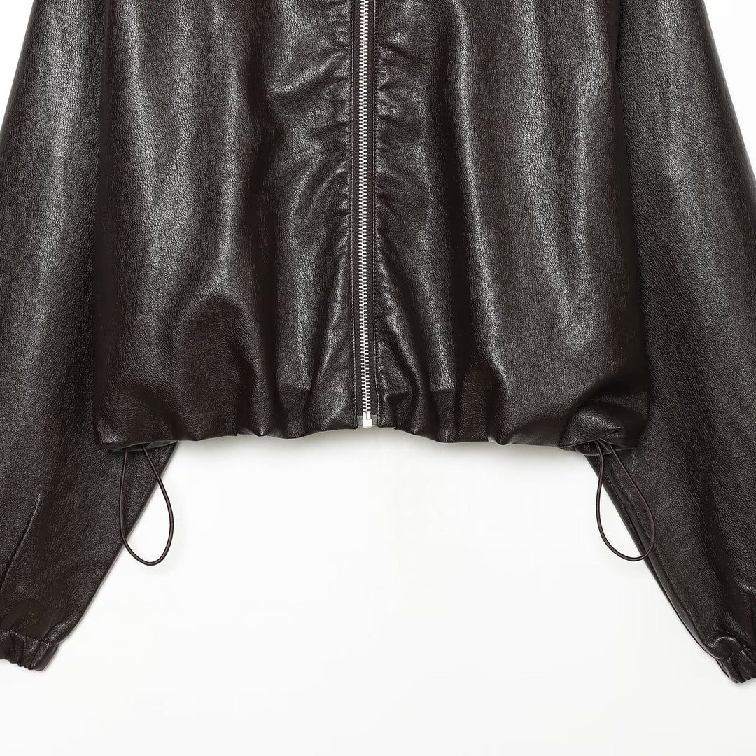 Women's Cropped Faux Leather Bomber Jacket with Hood, Drawstring and Elastic Cuffs Mune Fashion
