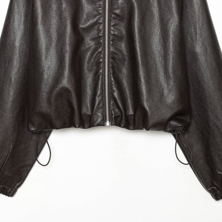 Women's Cropped Faux Leather Bomber Jacket with Hood, Drawstring and Elastic Cuffs Mune Fashion