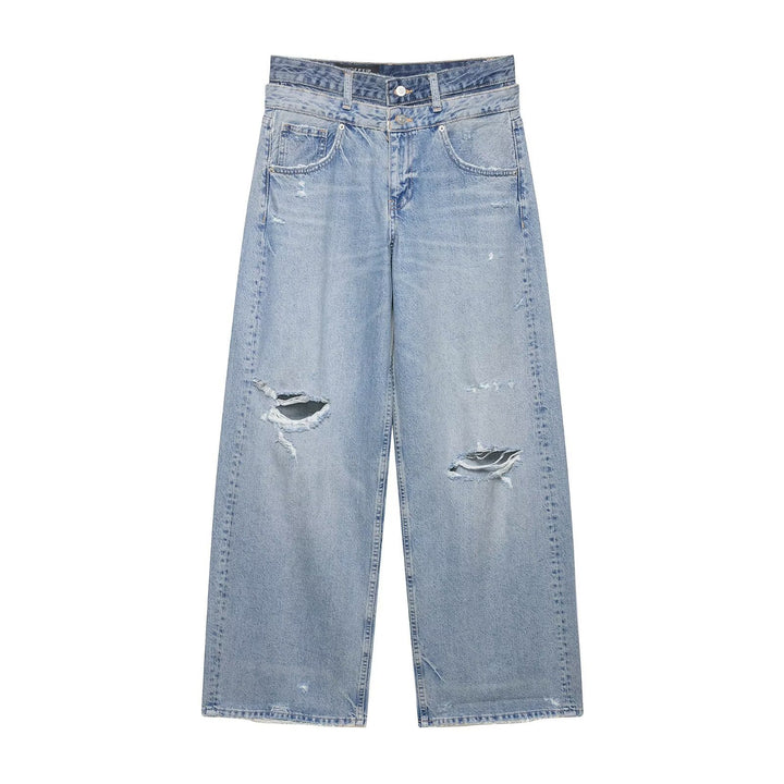 Ladies wide waist high jeans with washed finish and rips Mune Fashion