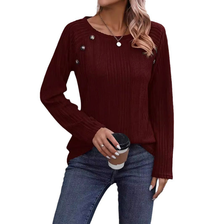 Women Fine Ribbed Knit Sweater with Decorative Button Placket and Round Neckline Mune Fashion