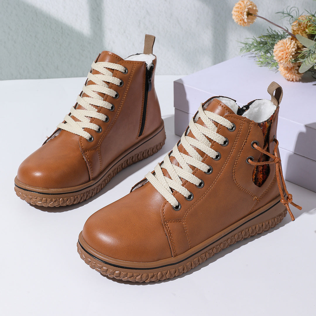 Women's padded lace-up ankle boots with teddy lining, side zipper, and textured rubber sole Mune Fashion