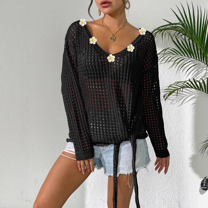 Women airy knit sweater with floral decor Mune Fashion