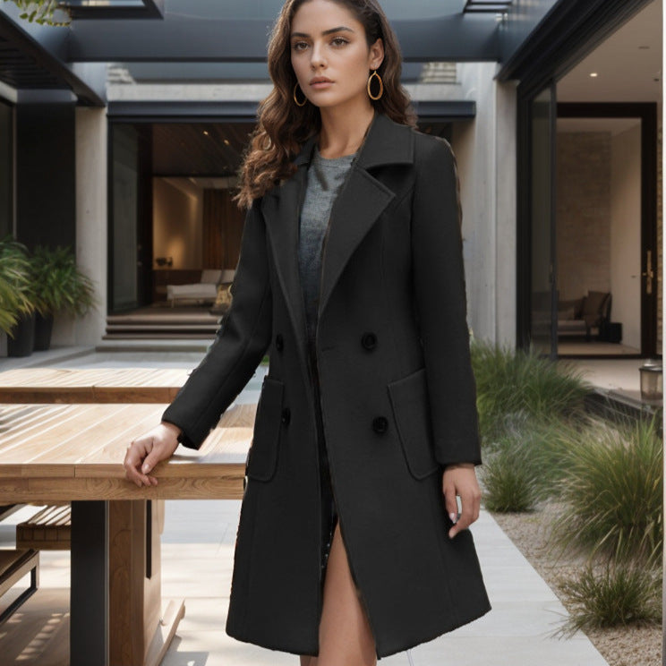 Women Long Chesterfield Coat made of Wool Blend with Tailored Fit and Side Pockets Mune Fashion