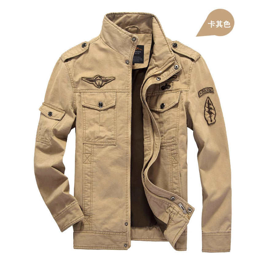 Men's canvas field jacket in military utility style with stand-up collar, epaulettes, and multifunctional pockets Mune Fashion