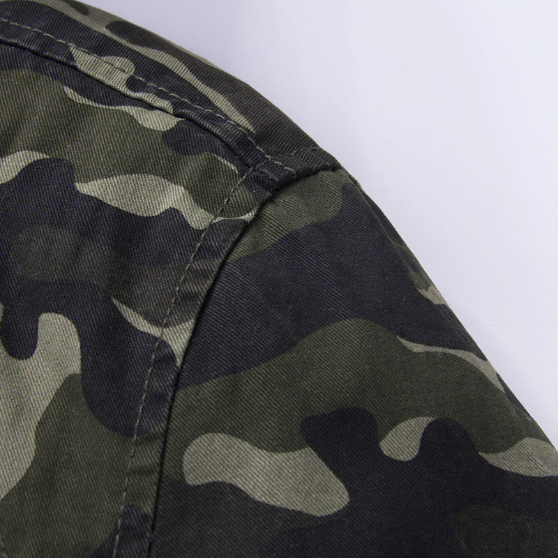 Men's Camouflage Field Jacket with Hood, Multifunctional Exterior Pockets and Drawstring Waist Mune Fashion