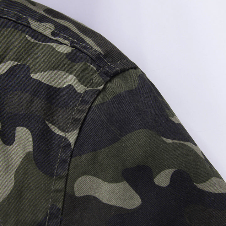 Men's Camouflage Field Jacket with Hood, Multifunctional Exterior Pockets and Drawstring Waist Mune Fashion