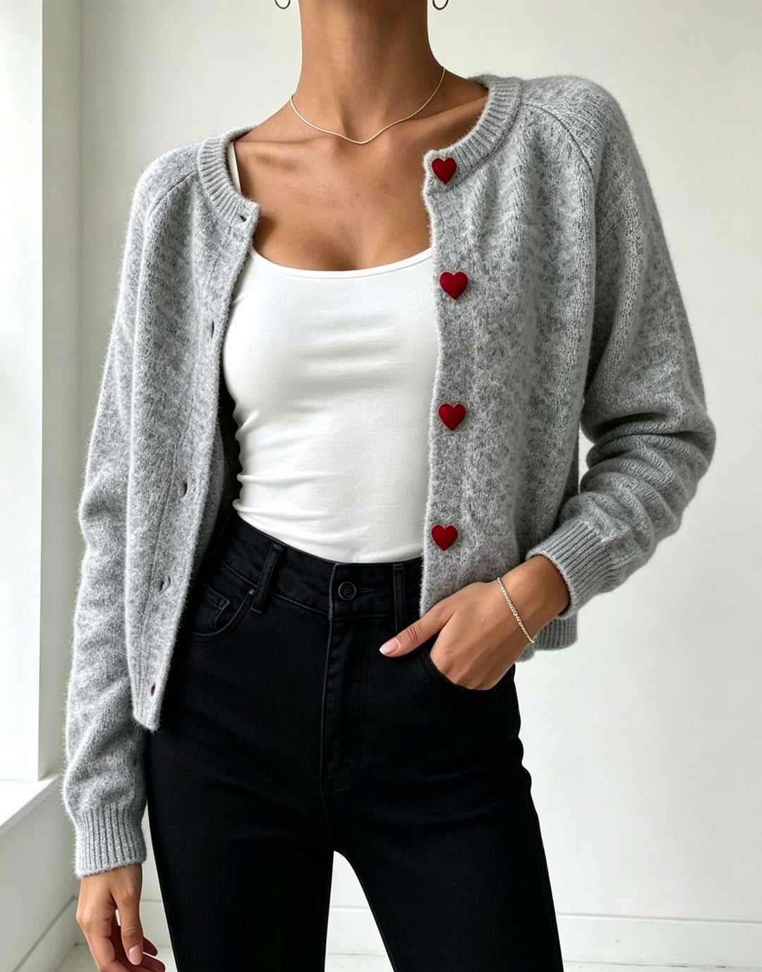 Women's knit cardigan with heart-shaped decorative buttons and soft mohair look Mune Fashion