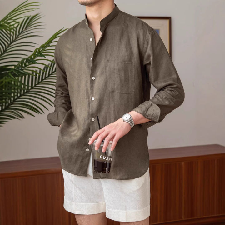 Men's linen shirt with stand-up collar and chest pocket Mune Fashion