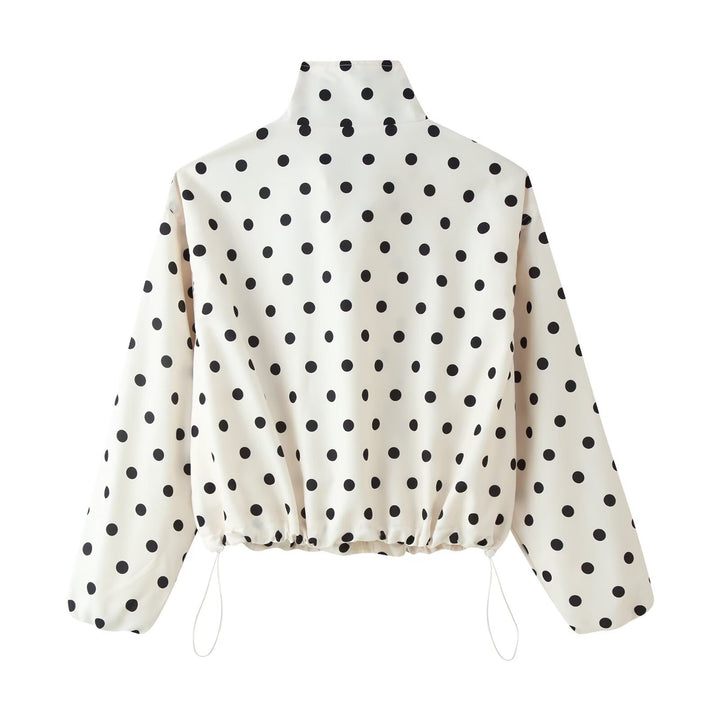 Women Lightweight Transition Jacket with Stand-Up Collar, Zipper and Polka Dot Pattern Mune Fashion