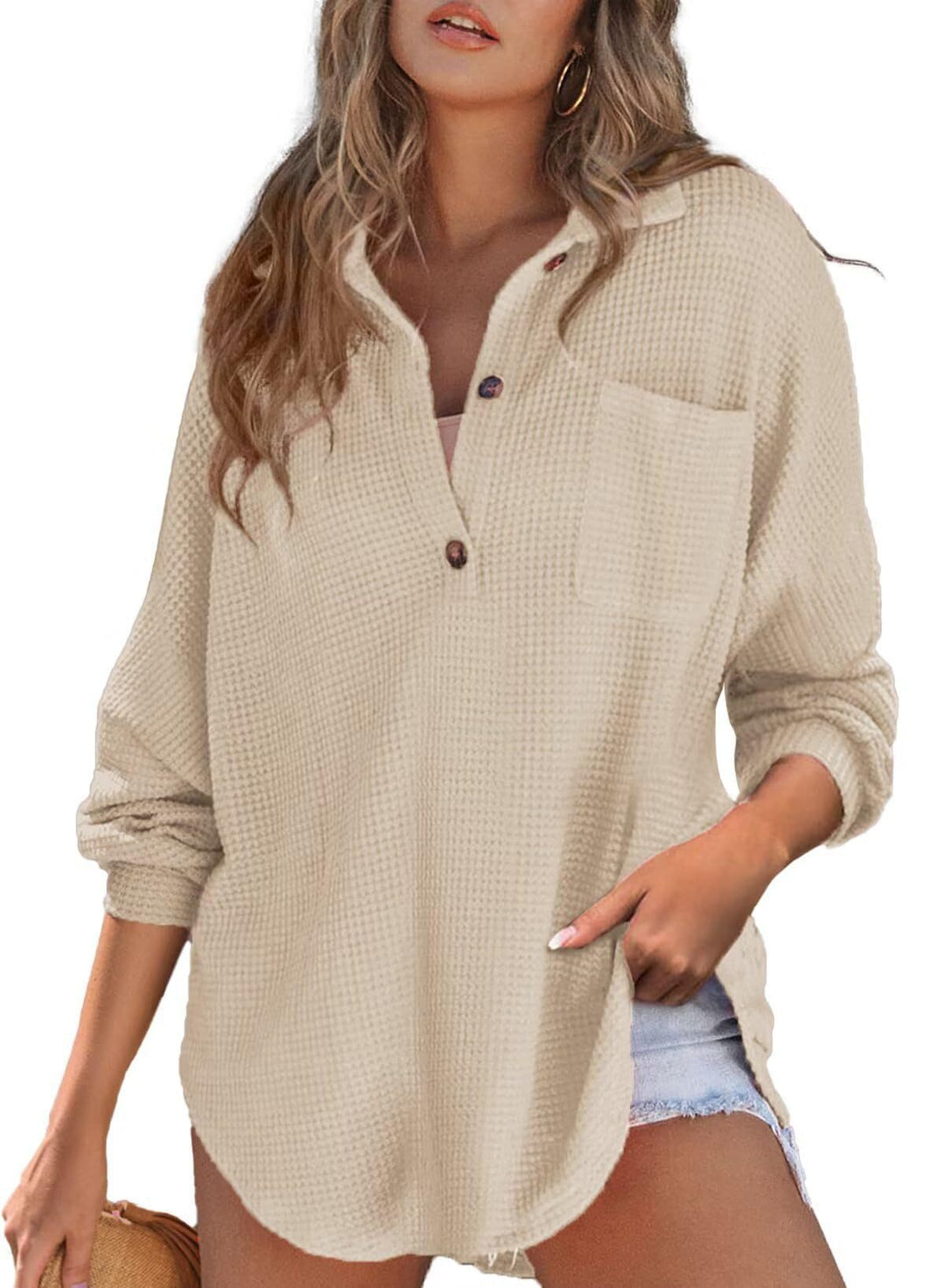 Women's Oversize Waffle Knit Shirt Tunic with Chest Pocket and Wooden Buttons Mune Fashion