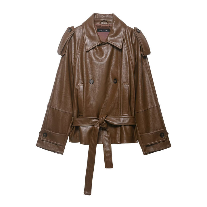 Women's leather trench coat with belt, shoulder flaps and oversized collar Mune Fashion