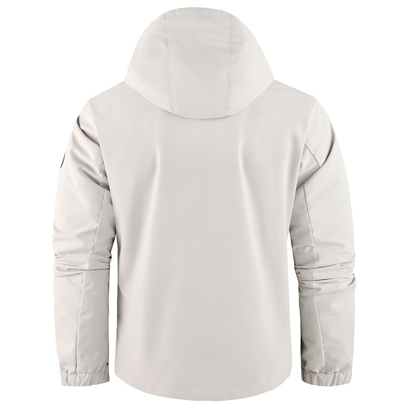 Men's nano technical field jacket with hood and multifunctional pockets, water-repellent softshell fabric