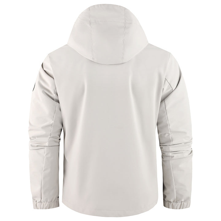 Men's nano technical field jacket with hood and multifunctional pockets, water-repellent softshell fabric