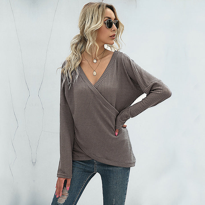 Women's Waffle Knit Wrap Top with V-Neck and Long Oversized Sleeve Fit Mune Fashion