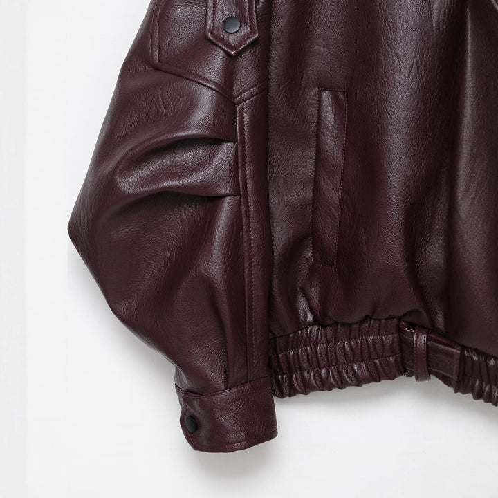 Women Oversized Leather Jacket in Bomber Style with Waist Belt Mune Fashion