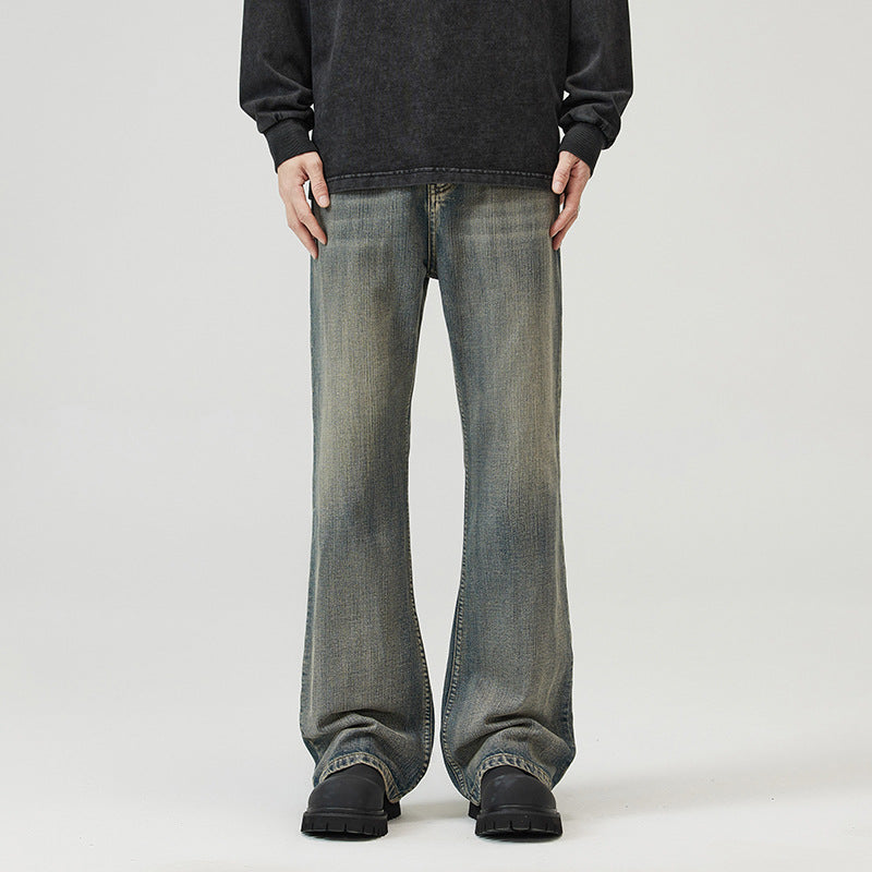 Men's Relaxed-Straight Denim Jeans with Extra Long Hem and Vintage Finish Mune Fashion