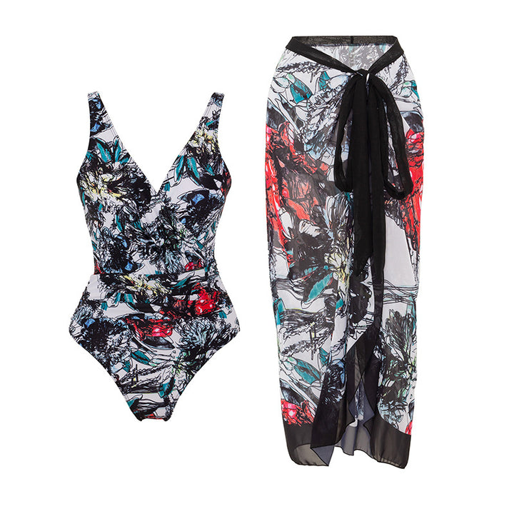 Women's swim set with floral wrap skirt and one-piece Mune Fashion