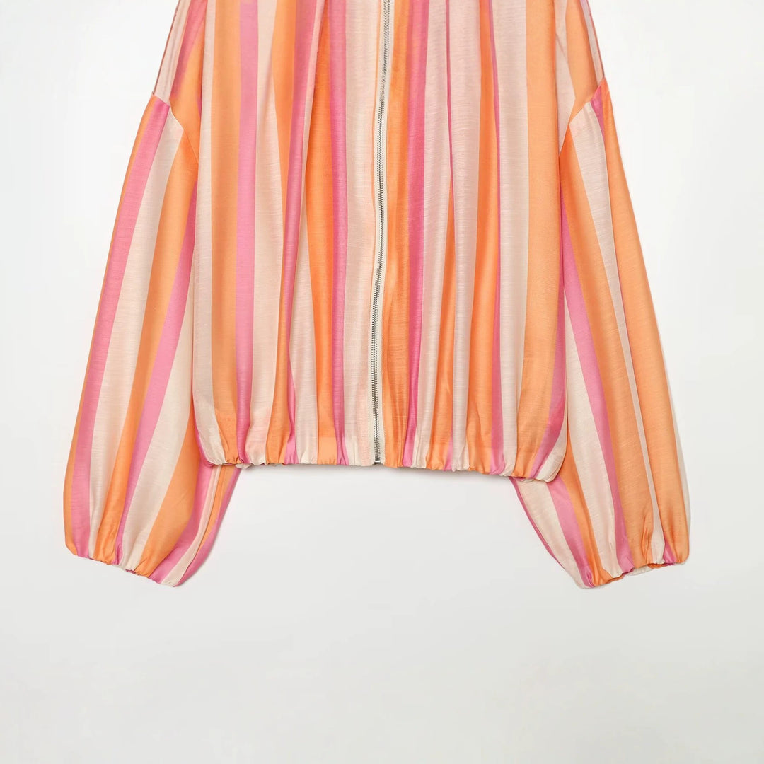 Women's Lightweight Striped Satin Bomber Jacket with Stand Collar and Balloon Sleeves Mune Fashion