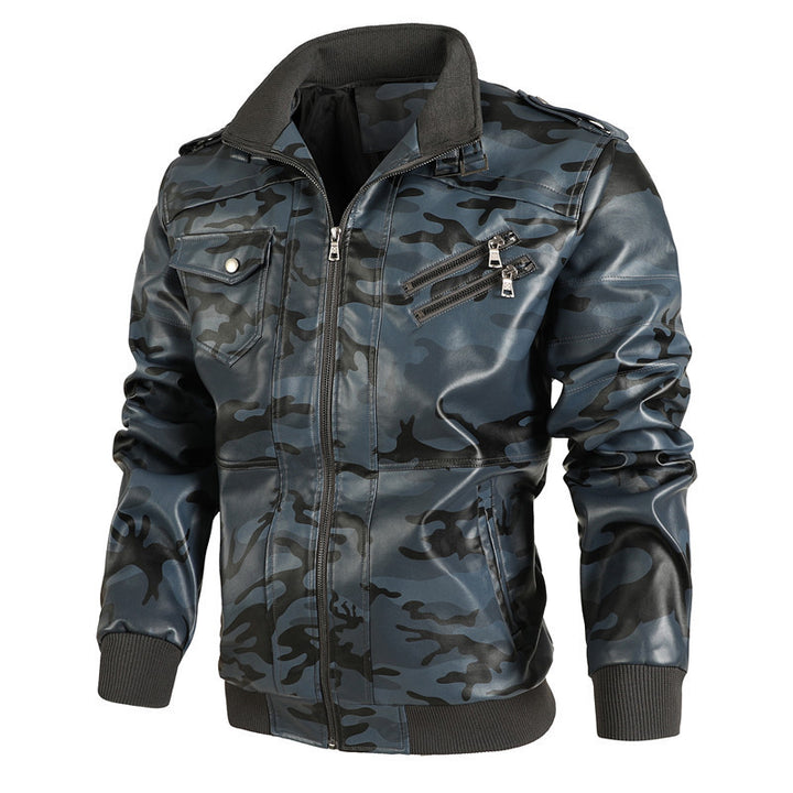 Men's Camouflage Faux Leather Biker Jacket with Shoulder Epaulettes, Zipper Detail and Ribbed Cuffs Mune Fashion