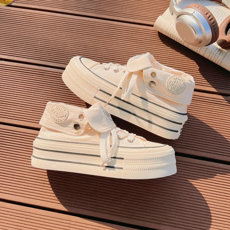 Women's High Platform Sneakers with Fashionable Fabric Upper and Loose Lacing Mune Fashion